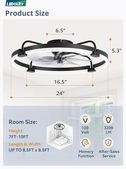 LEDIARY Ceiling Fans with Lights and Remote, 24'' Low Profile Ceiling Fan with Light, 3000-6000K Dimmable Fandelier LED Fan Light, 6 Wind Speeds, Black Modern Flush Mount Ceiling Fan for Bedroom