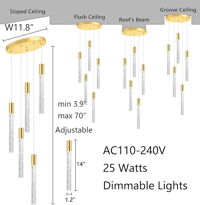 HAIXIANG 5-Lights Chandelier Modern Crystal Glam Light Remote Dimmable Pendant Lighting for Kitchen Island Dining Room Shiny Gold Light