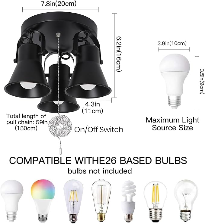 3-Light Industrial Track Lighting with Pull Chain On/Off Switch, Adjustable Round Kitchen Ceiling Light, Morden Black Flush Mount Directional Light for Kitchen, Hallway, Dining Room, Bathroom