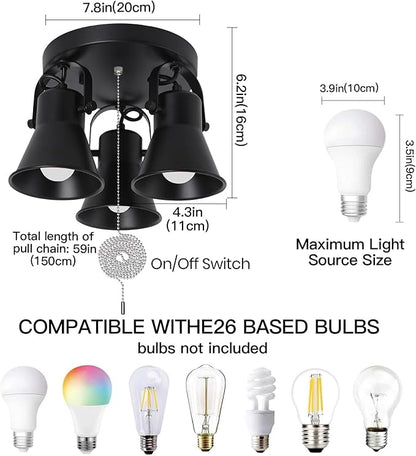 3-Light Industrial Track Lighting with Pull Chain On/Off Switch, Adjustable Round Kitchen Ceiling Light, Morden Black Flush Mount Directional Light for Kitchen, Hallway, Dining Room, Bathroom