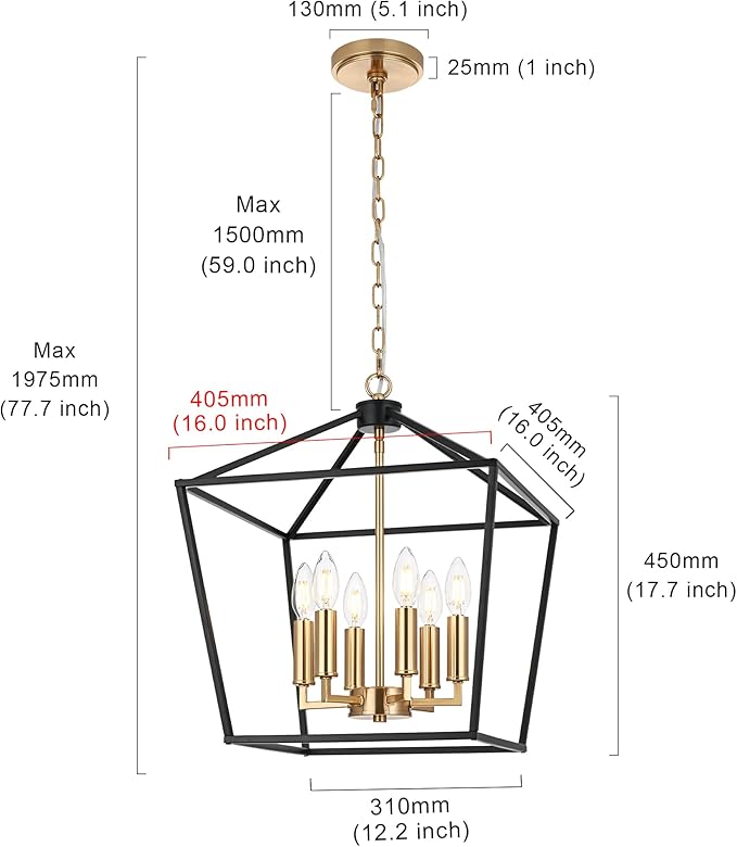 MELUCEE Black Lantern Pendant Light 6 Light Industrial Cage Chandelier with E12 Brass Candle-Shaped Base Rustic Geometric Hanging Light Fixture for Kitchen Island Foyer Dining Room