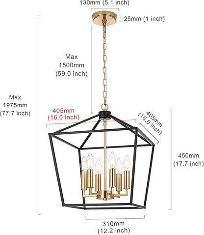 MELUCEE Black Lantern Pendant Light 6 Light Industrial Cage Chandelier with E12 Brass Candle-Shaped Base Rustic Geometric Hanging Light Fixture for Kitchen Island Foyer Dining Room