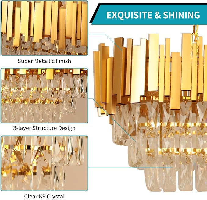 Depuley 31" Crystal Rectangle Chandelier: 3-Tier Gold Glass Crystal Chandelier Island Light Fixtures for Dining Room - 8-Light Linear Pendant Light for Kitchen Island Included Bulbs