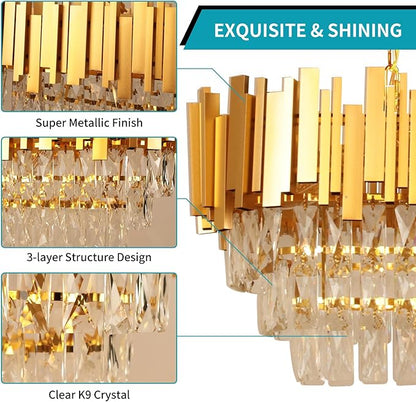 Depuley 31" Crystal Rectangle Chandelier: 3-Tier Gold Glass Crystal Chandelier Island Light Fixtures for Dining Room - 8-Light Linear Pendant Light for Kitchen Island Included Bulbs