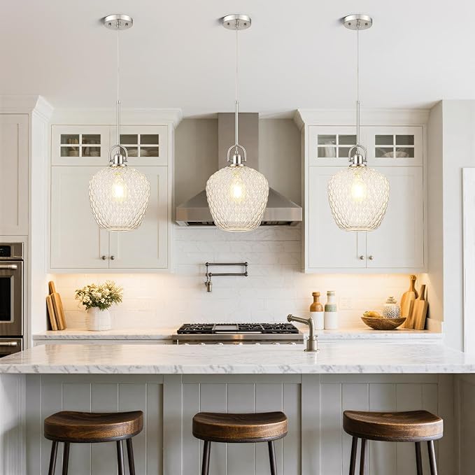 Large Glass Pendant Lights Kitchen Island, 10" 1-Light Brushed Nickel Pendant Light Fixtures with Clear Hammered Glass, Modern Hanging Light for Kitchen Island Dining Room Entryway Foyer