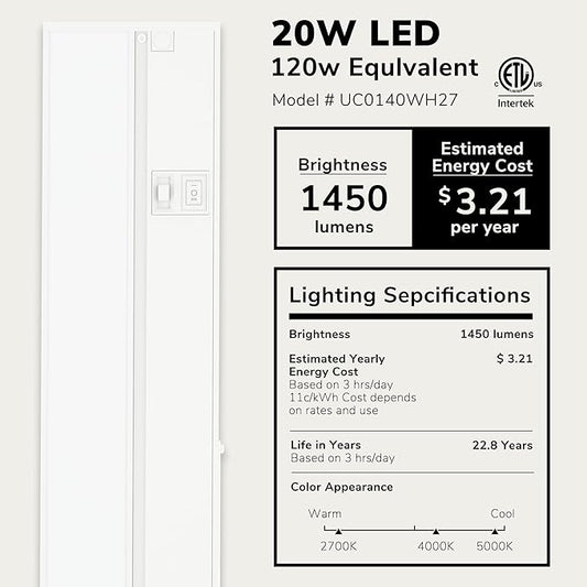 LAGOM Halo Under Cabinet Light, 40‑Inch Hardwired Dimmable LED, 2700K/4000K/5000K, Power Cord Sold Separately, White, UC0140WH27