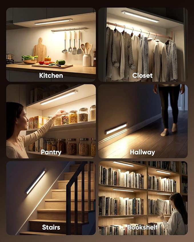 16inch Under Cabinet Lighting, 216LED Motion Sensor Light Indoor, Rechargeable Closet Lights, 3 Color Temps, Dimmable, Wireless Under Counter Lights for Kitchen, Stairs, Pantry, 2 Pack
