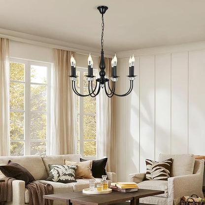 Black Chandelier, 8-Light Farmhouse Candle Chandelier for Living Room, Rustic Industrial Pendant Chandeliers for Dining Room, Vintage Crystal Hanging Light fixture for Hallway Kitchen Foyer E12