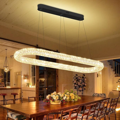 LED Crystal Ring Chandelier, 47.2'' Black Crystal Ring Pendant Light for Kitchen Island Modern Linear Oval Chandeliers for Dining Room Dimmable 3000K-6000K