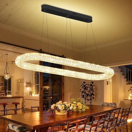 LED Crystal Ring Chandelier, 47.2'' Black Crystal Ring Pendant Light for Kitchen Island Modern Linear Oval Chandeliers for Dining Room Dimmable 3000K-6000K