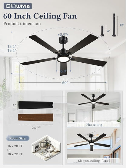 60 Inch Ceiling Fan with Lights and Remote, Smart APP Control, Dimmable with All-Setting Memory, Quiet DC Motor Reversible Blades, Damp Rated Modern Ceiling Fan for Bedroom Patio Living Room