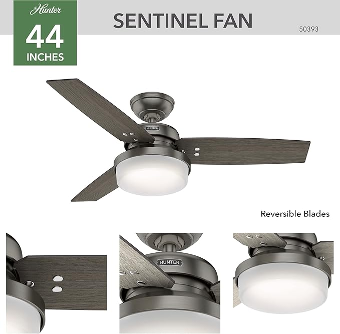 Hunter 44 inch Indoor Ceiling Fan with LED Light and Remote Control - Standard Mount Ceiling Fan, 3 Blades, For Bedroom, Living Room, or Kitchen - Sentinel 50393, Brushed Slate