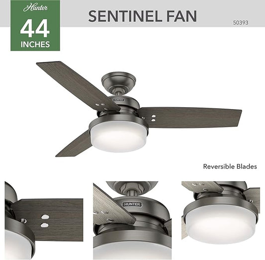 Hunter 44 inch Indoor Ceiling Fan with LED Light and Remote Control - Standard Mount Ceiling Fan, 3 Blades, For Bedroom, Living Room, or Kitchen - Sentinel 50393, Brushed Slate