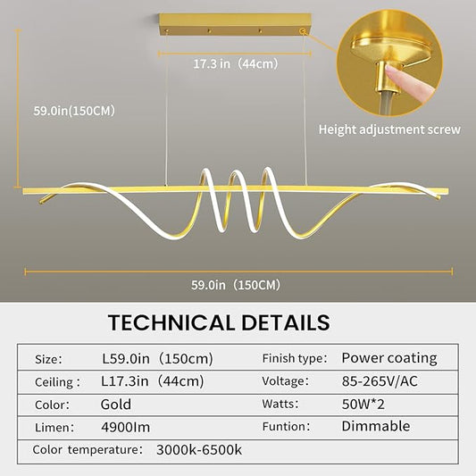 Modern Design Dimmable Desk Linear Pendant Light, with Remote Control Dimmable 3 Color Mode & Brightness Ceiling Lamp, Anti-Flicker Dining Light Fixture for Kitchen, Dining Room (Gold, 57IN)
