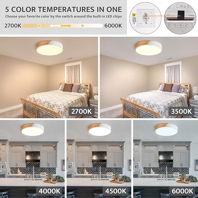 Modern Dimmable LED Ceiling Light, Minimalist Wood Style 5CCT 2700K-6000K Flush Mount Ceiling Light Fixture, Round Lighting Lamp for Bedroom, Laundry Room, Hallway, White, 11.8"