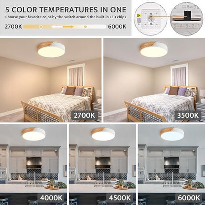 Modern Dimmable LED Ceiling Light, Minimalist Wood Style 5CCT 2700K-6000K Flush Mount Ceiling Light Fixture, Round Lighting Lamp for Bedroom, Laundry Room, Hallway, White, 11.8"