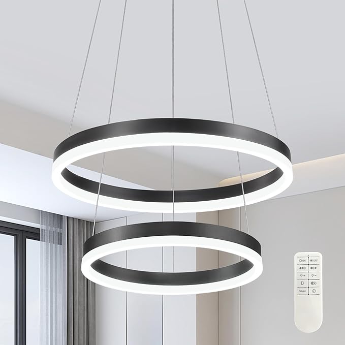 Modern Black Led Chandelier 2 Rings Dimmable LED Chandeliers with Remote Control Light Fixture for Kitchen Island Height Adjustable Chandelier Led Pendant Light for Living Room Dining Room
