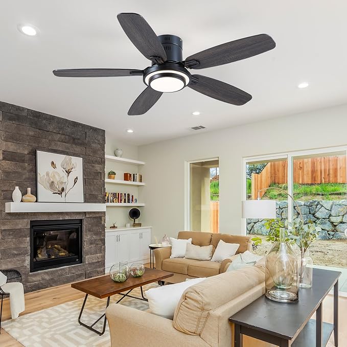 Hounberi 50 Inch Low Profile Ceiling Fans with Lights and Remote, Modern Flush Mount Black Ceiling Fan, 3CCT, Dimmable, Quiet DC Reversible Motor, for Bedroom Living Room Indoor/Outdoor Use