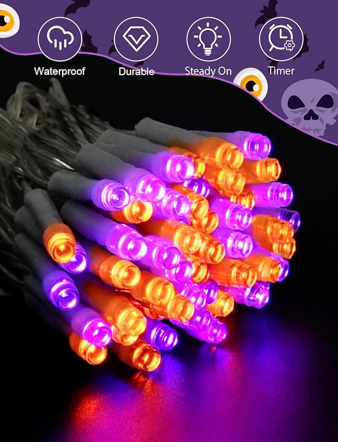 cshare Halloween String Lights Battery Operated with Timer, Orange and Purple Fairy Lights Outdoor 9.8ft 30LED, Halloween Decorations for Party Yard Pathway Indoor Outdoor 2 Packs