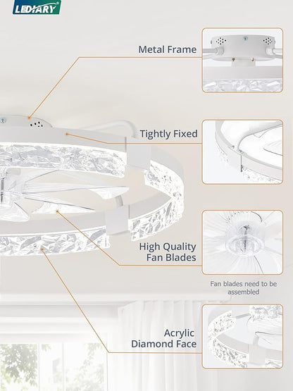 LEDIARY 24 Inch Low Profile Ceiling Fans with Lights and Remote, Flush Mount Fandelier Ceiling Fan, 3000K-6000K Dimmable LED Fan Light, White Modern Ceiling Fans with Lights for Bedroom