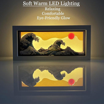 Hokusai The Great Wave 3D Paper Carving LED Night Light – Shadow Box Lamp, USB & Battery Powered Decorative Light for Bedroom & Living Room, Aesthetic Room Decor & Ideal Gift for Art Lovers