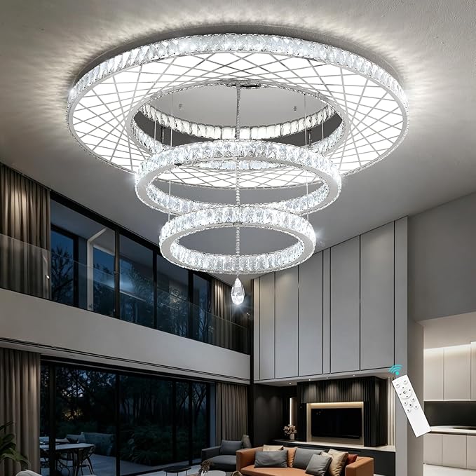HAIXIANG 48 inch Large Size Glam Chandelier Crystal Ceiling Light for Living Room Chandeliers Lighting Fixtures with Remote Dimmable LED Light,Silver Chrome Luxury Interior Light