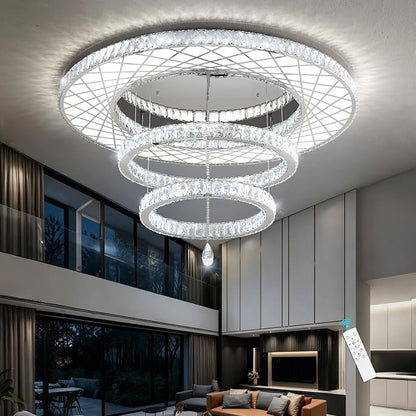 HAIXIANG 48 inch Large Size Glam Chandelier Crystal Ceiling Light for Living Room Chandeliers Lighting Fixtures with Remote Dimmable LED Light,Silver Chrome Luxury Interior Light