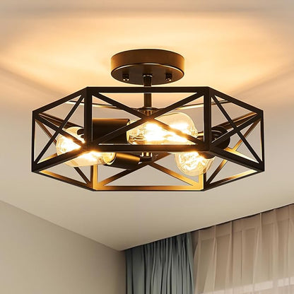 Modern Farmhouse Black Ceiling Light,Industrial Semi Flush Mount Ceiling Lighting Fixture,Hexagonal Lighting Fixtures for Kitchen,Bedroom,Foyer,Dining Room,Hallway,3-Light,14.6 Inch