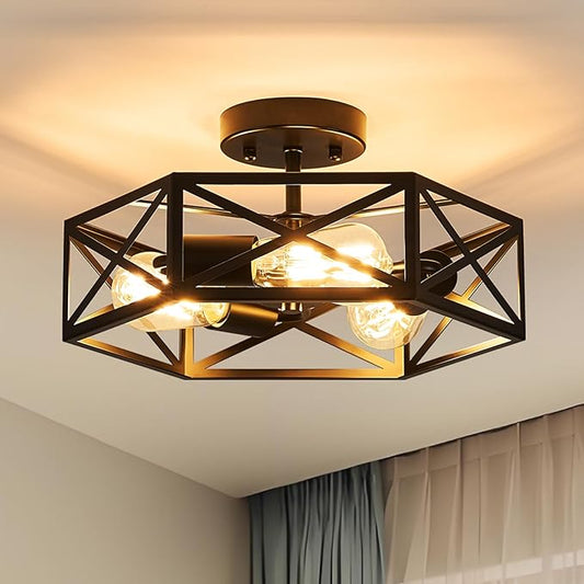 Modern Farmhouse Black Ceiling Light,Industrial Semi Flush Mount Ceiling Lighting Fixture,Hexagonal Lighting Fixtures for Kitchen,Bedroom,Foyer,Dining Room,Hallway,3-Light,14.6 Inch