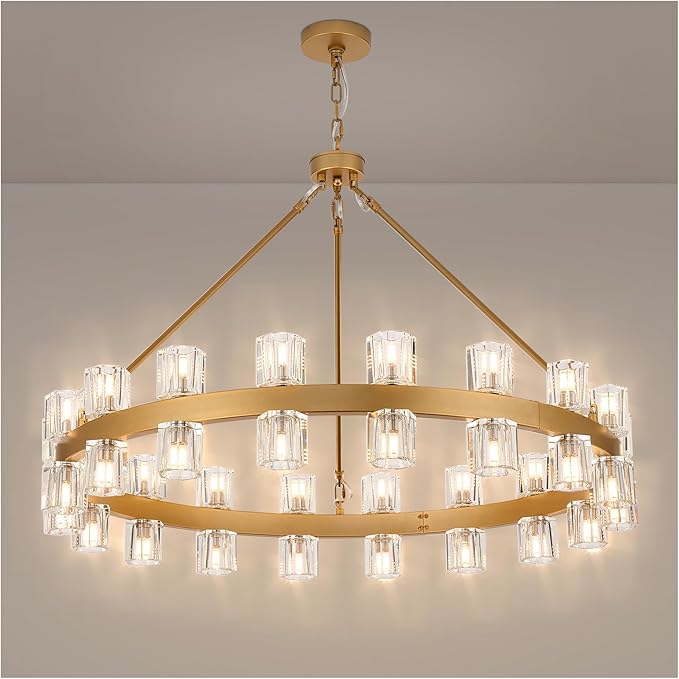 36 Inch Glod Wagon Wheel Chandelier with 36 Lights Crystal Shade, Modern Farmhouse Round High Ceilings Pendant Light Fixture for Living/Dining Room, Kitchen, Bedroom, Foyer