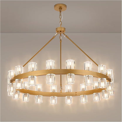 36 Inch Glod Wagon Wheel Chandelier with 36 Lights Crystal Shade, Modern Farmhouse Round High Ceilings Pendant Light Fixture for Living/Dining Room, Kitchen, Bedroom, Foyer