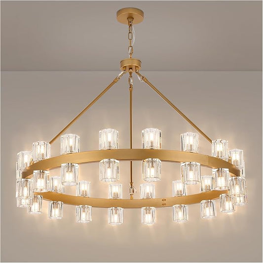 36 Inch Glod Wagon Wheel Chandelier with 36 Lights Crystal Shade, Modern Farmhouse Round High Ceilings Pendant Light Fixture for Living/Dining Room, Kitchen, Bedroom, Foyer