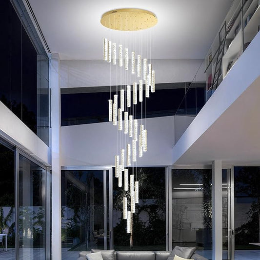Large Spiral Stair Chandeliers for High Ceilings Long Crystal Chandelier for Foyer LED Dimmable 36-Light Gold 150 Inches High