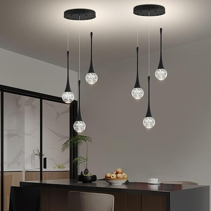 Modern Crystal Kitchen Island Chandelier 3-Lights Black, LED Dimmable Raindrop Indoor Lighting Fixture for Dining Room Foyer Entryway Remote Control