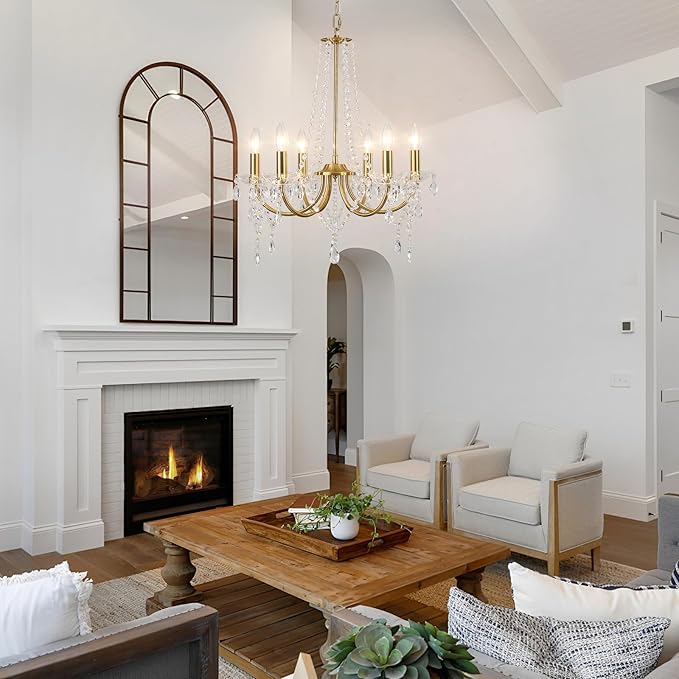 Crystal Gold Chandeliers for Dining Room, Modern Candle Crystal Brass Chandelier Light Fixture, Vintage Pendant Light for Living Room Bedroom Bathroom Entryway Hallway E12 Bulbs D19 in x H24 in