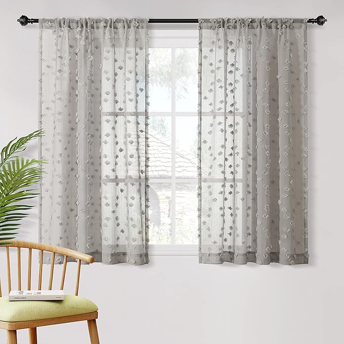 MYSKY HOME Grey Sheer Short Curtains for Kitchen 54 inch Long with Pom Pom Small Windows Bedroom Nursery Kids Girls Room Curtains Cafe Light Filtering Boho Drapes, Rod Pocket,52" Wide, 2 Panels