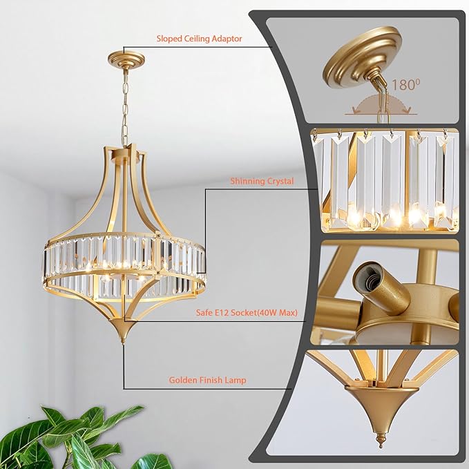 Crystal Chandeliers for Dining Room 21.6" Rustic Farmhouse Chandelier with Round Metal Shade 6-Light Large Gold Dining Room Light Fixture for Kitchen, Hallway, Bedroom, Foyer