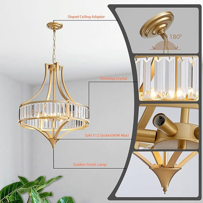 Crystal Chandeliers for Dining Room 21.6" Rustic Farmhouse Chandelier with Round Metal Shade 6-Light Large Gold Dining Room Light Fixture for Kitchen, Hallway, Bedroom, Foyer