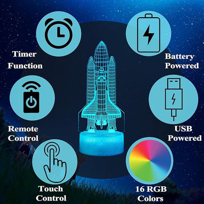 Space Shuttle Night Light, Space Shuttle Gifts, Rocket 3D Illusion Lamp with 16 Colors Changing, Timer, 4 Flash Modes and Dimmable, Kids Boys Girls Room Decoration, Holiday Xmas Spaceship Gifts
