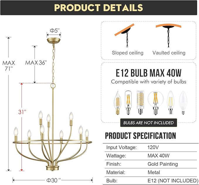9-Light Gold Light Fixture Vintage Candle Chandelier Lighting 30in Mid-Century Modern Brass Dining Room Chandelier Over Table for Kitchen Island Living Room FoyerBedroom, E12