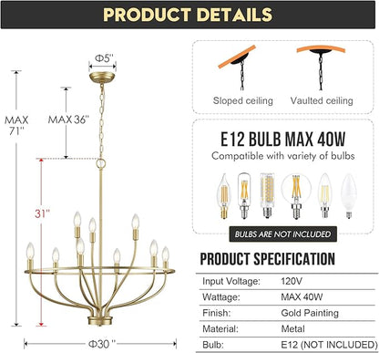 9-Light Gold Light Fixture Vintage Candle Chandelier Lighting 30in Mid-Century Modern Brass Dining Room Chandelier Over Table for Kitchen Island Living Room FoyerBedroom, E12