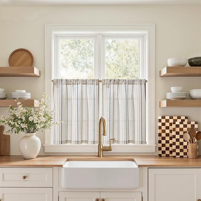 jinchan Colorful Striped Linen Kitchen Curtains 24 Inch Tier Curtains Farmhouse Modern Cafe Small Window Treatments Light Filtering Rod Pocket for Living Room Bathroom 2 Panels Multi Blue