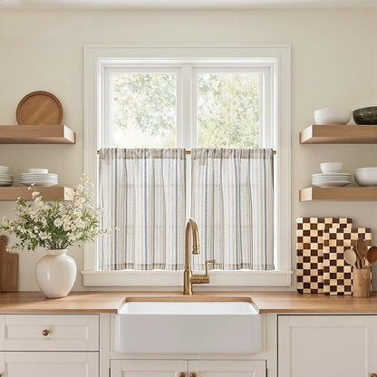 jinchan Colorful Striped Linen Kitchen Curtains 24 Inch Tier Curtains Farmhouse Modern Cafe Small Window Treatments Light Filtering Rod Pocket for Living Room Bathroom 2 Panels Multi Blue