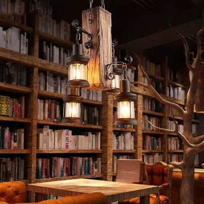Wood Retro Pendant Lighting Industrial Vintage Chandelier Black Metal Bedroom Restaurant Suspension Lamp Cage Frame with Glass Shade House Loft Bar Coffee Decoration Ceiling Lights Fitting, E27