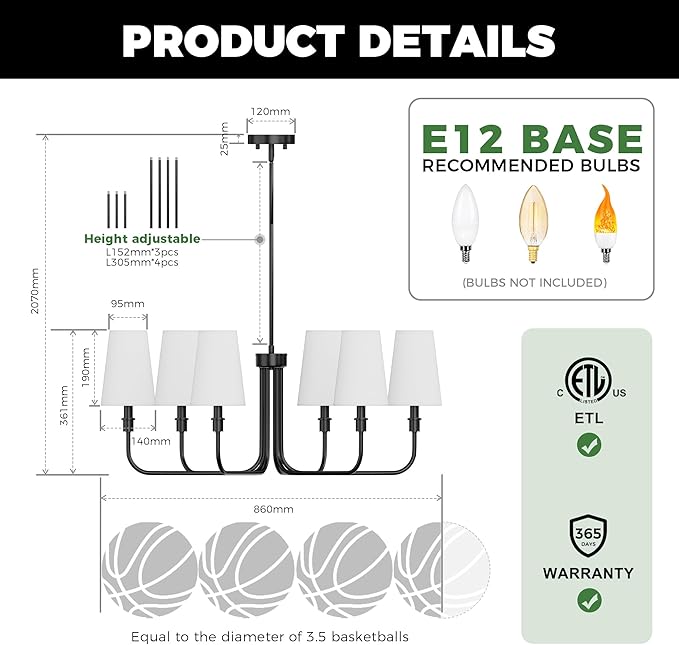 DORESshop 6-Light Chandelier for Dining Room Light Fixture Over Table, 33.86" Modern Matte Black Chandelier with White Linen Shades, Adjustable Hanging Light Fixture for Kitchen Island Foyer Hallway