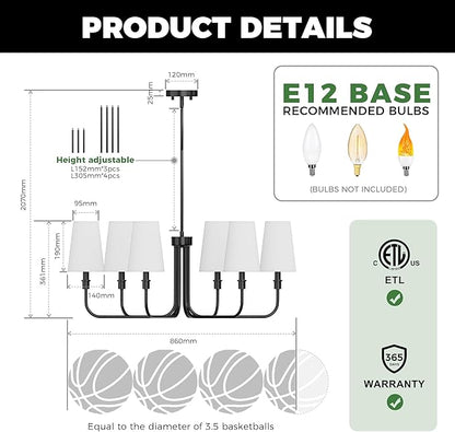 DORESshop 6-Light Chandelier for Dining Room Light Fixture Over Table, 33.86" Modern Matte Black Chandelier with White Linen Shades, Adjustable Hanging Light Fixture for Kitchen Island Foyer Hallway
