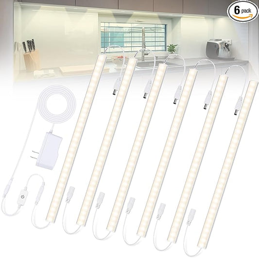Plug-in Under Cabinet Lights Daylight White 4000K, Dimmable LED Under Cabinet Lighting, 6PCS x 12 Inch Under-Counter Light Fixtures with Memory Function, Under Counter LED Lights for Kitchen