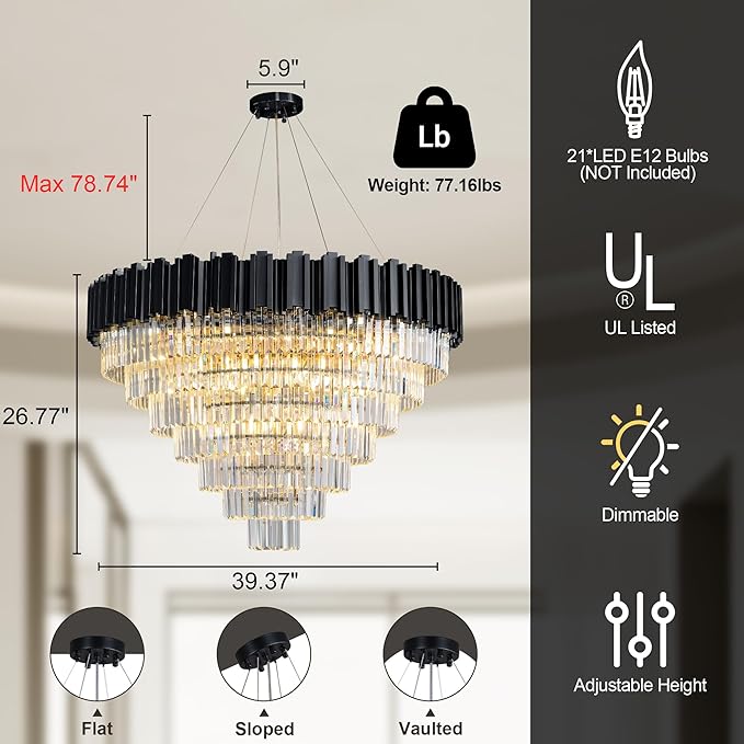 40" Black Chandelier, 21-Light Modern Crystal Chandelier, 7-Tier Round Chandeliers for Dining Room, Living Room, Bedroom, Foyer, Entryway, Kitchen, Restaurant, Luxury Tiered K9 Crystal Light Fixture
