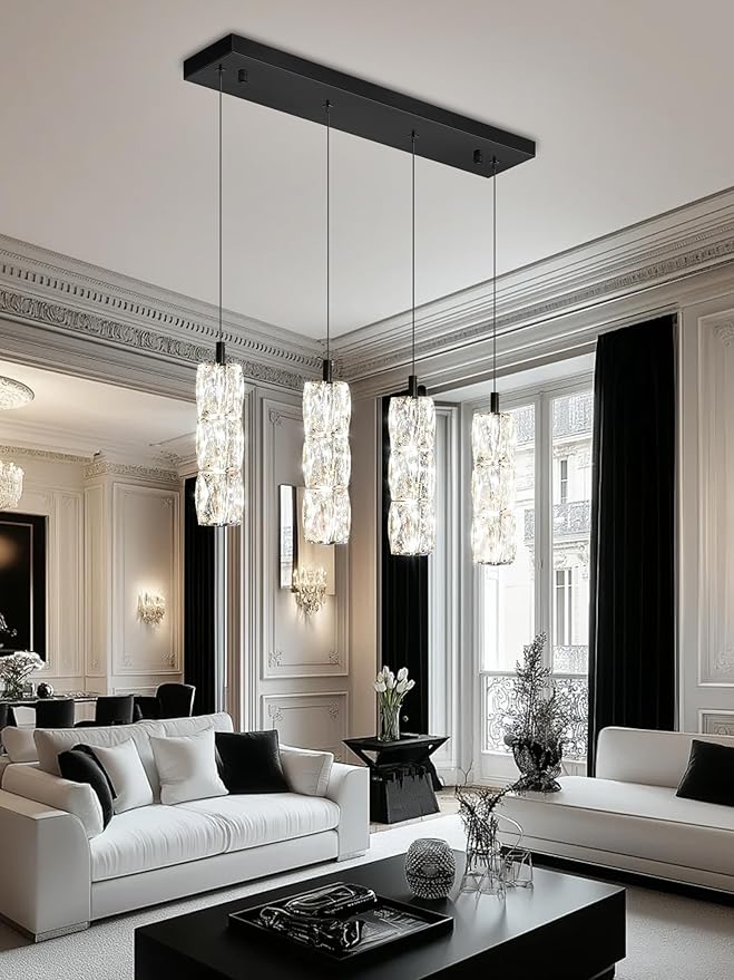 ykolupty Dining Room Light Fixture 4-Light Black Kitchen Island Lighting Industrial Linear Chandeliers for Dining Room Pendant Light Fixture for Living Room Hallway Bedroom 2700K-6000K