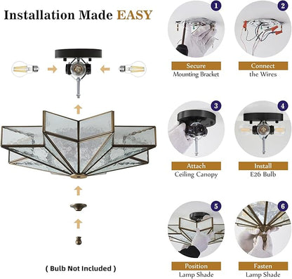 Star Brass Glass Ceiling Light - 19.5 in Black Bronze Hammered Large Flush Mount Fixture - Unique Art Deco Mid Century Vintage Moravian Lighting Lights for Bedroom Dining Foyer Living Room